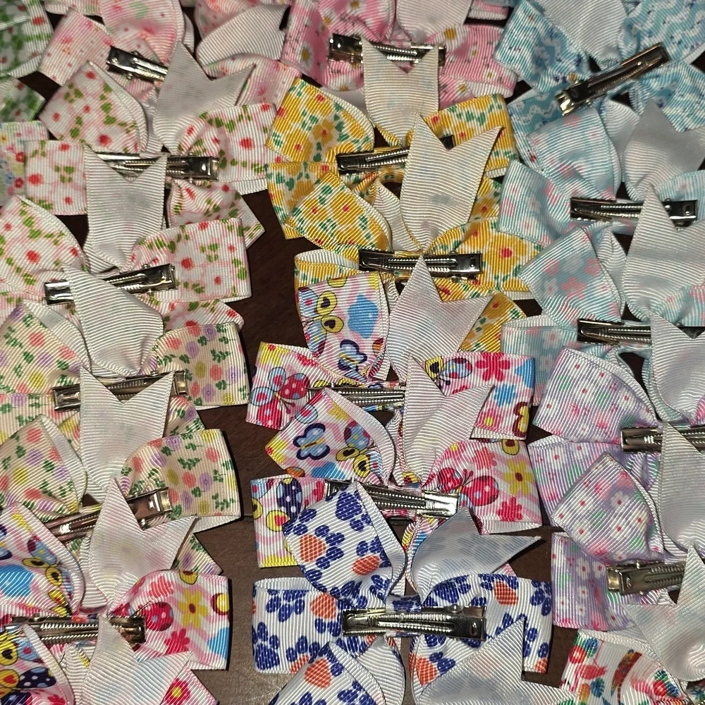 (J20) 34 Total Each, Colorful Floral Patterned Hair Bows Clips for Kids